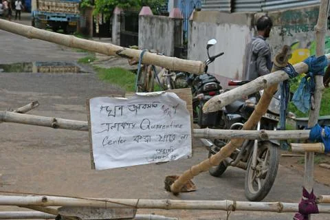 Road in front of the school has been barricaded to prevent quarantine centers. Stock Photos