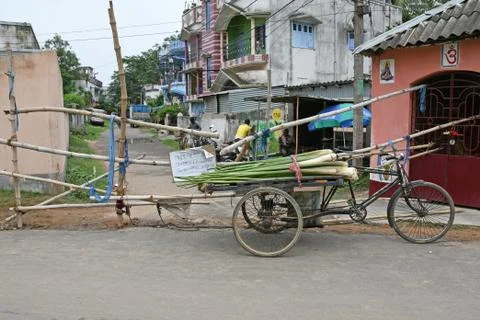 Road in front of the school has been barricaded to prevent quarantine centers. Stock Photos