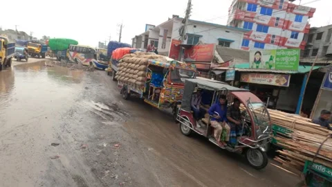 Road full of water causing traffic jam in the city Stock Footage 237151098