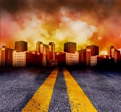 Road Going Into The City With Red Sunset Stock Illustration