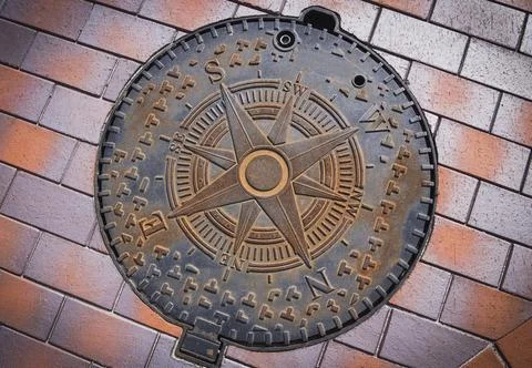 Road hatch in the form of compass Stock Photos