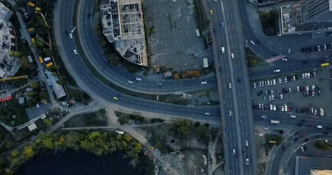 Road from the height of a quadcopter, interchange on the bridge Stock Footage 197482418
