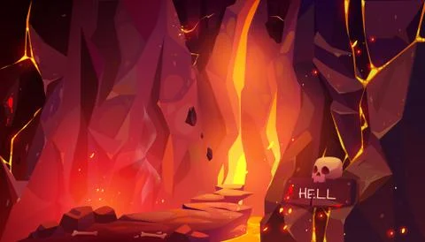 Road to hell, infernal hot cave with lava and fire 库存插图