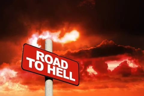 Road to hell sign Road to hell sign against a dark red sky Copyright: xZoo... Foto stock