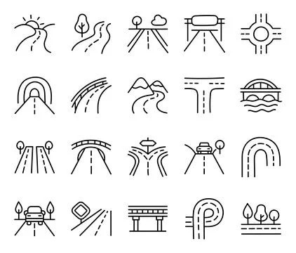 Road highway icon set in outline line art Stock Illustration