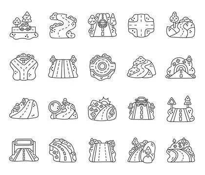 Road highway set in outline line art Stock Illustration