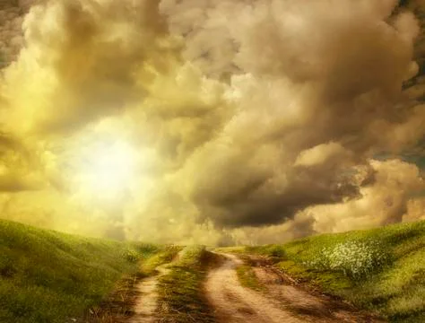 Road to the hill in the clouds Stock Illustration