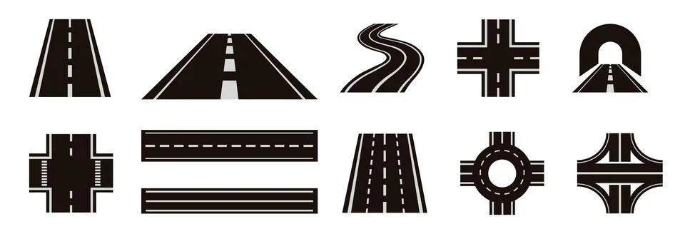 Road icon set with highways intersections and roundabout symbols Stock Illustration