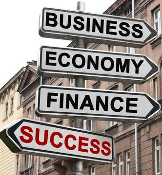 The road indicator on the arrows of which is written - business, economics, f Stock Photos