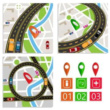 Road Infographic. Emergency services. A set of abstract road junctions on cit Stock Illustration