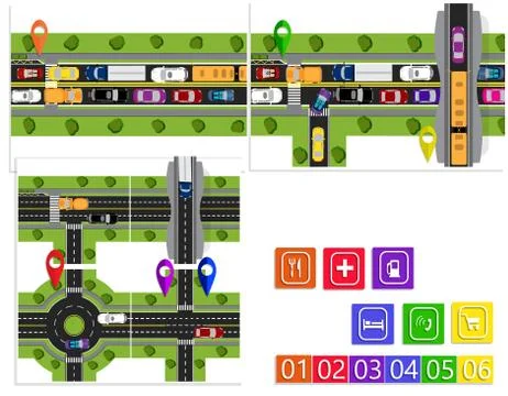 Road Infographic. A set of abstract road junctions. Circular motion and bridg Stock Illustration