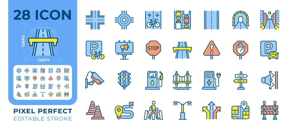 Road infrastructure pixel perfect line color icons set 库存插图