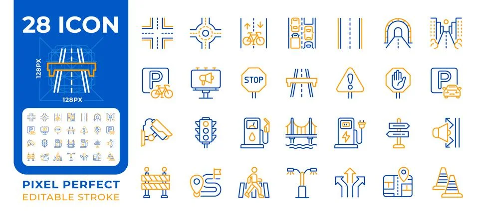 Road infrastructure pixel perfect two color line icons set Illustrazione stock