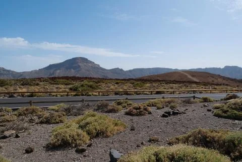 Road inside caldera of Volcano Teide, Tenerife island, Canary islands, Spain Stockfoto's