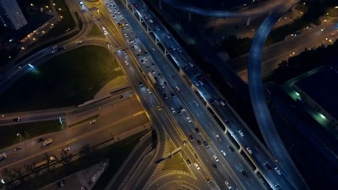 Road intersection from above. Highway with heavy traffic from above. Stock Footage 77734272