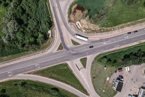 Road intersection aerial perspective in the countryside Stock Photos