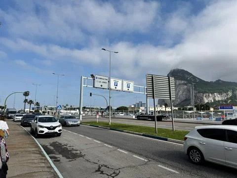 Road intersection near Gibraltar with view of the iconic mountain landscape. Stock Photos
