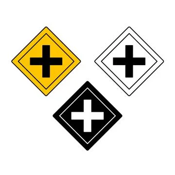 Road Intersection Signs. Warning Road Signs. Yellow, Black, and White Vecto.. Illustrazione stock