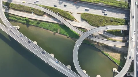 Road junction and bridge in city top view, aerial view. Stock Footage 163581247