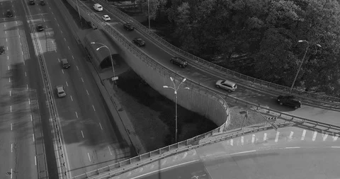 Road junction from the bridge to the freeway, black and white video. Stock Footage 129747822
