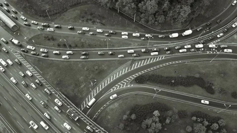 Road junction from the bridge to the freeway, black and white video. Stock Footage 162223550