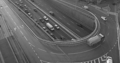 Road junction from the bridge to the freeway, black and white video. Stock Footage 165051870