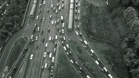 Road junction from the bridge to the freeway, black and white video. Stock-Footage 240926178