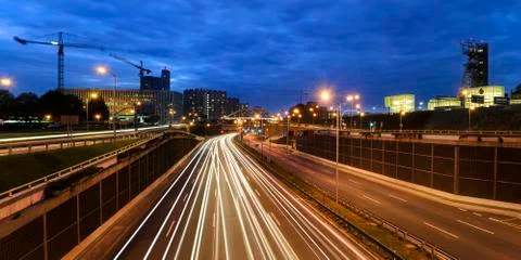 Road junction in the centre of Katowice in the evening. Stock Photos