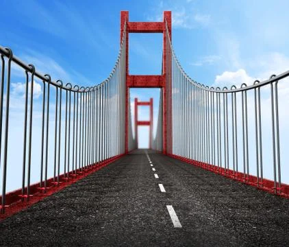 Road level view from suspension bridge . 3D illustration Ilustración de archivo
