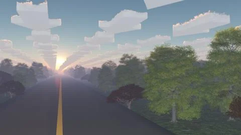 Road lined with trees and arrow shaped clouds Stock Illustration
