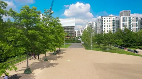 Road lined with young trees, modern neighbourhood in Olympic park Video stock 155841913
