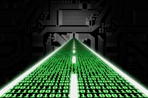 Road made of binary code leading towards a stylized circuit board conceptual Stock Illustration