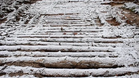 Road made of logs, the first snow Stock Footage 118908241