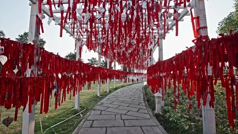 A road made of red ropes for blessings Video stock 295609028