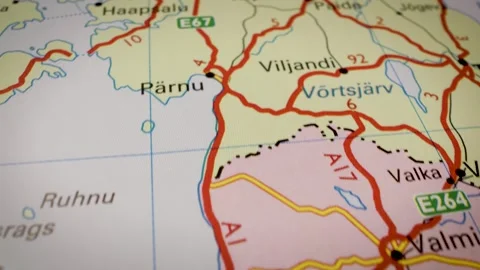 Road map between riga, latvia and tallinn, estonia, gliding view over Stock Footage 339489743
