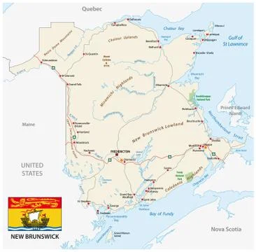 Road map with flag of the canada atlantic province new brunswick. Stock Illustration