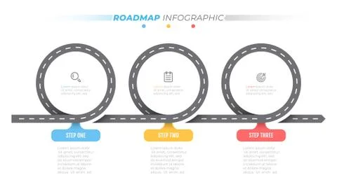 Road map infographic template. Timeline with 3 steps, options. Illustrazione stock