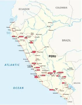 Road map of Peru with the main Inca ruins Stock Illustration