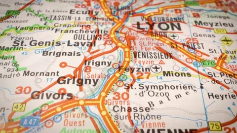 Road map route toward Lyon, France navigation and travel concept Stock Footage 332797790