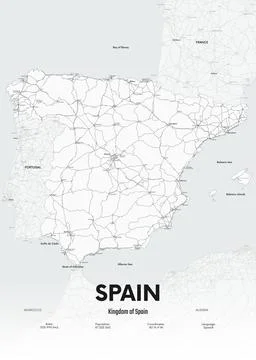 Road map of Spain with major cities, High detail vector poster of country highwa Stock Illustration