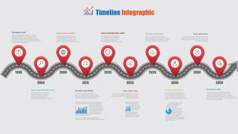 Road map timeline infographic with 10 step pins, Vector Illustration Stock Illustration