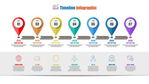 Road map Timeline Infographic with 7 steps pointer, Vector Illustration Stock Illustration