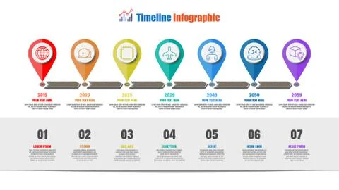 Road map timeline infographic with 7 steps circle, Vector Illustration Illustrazione stock