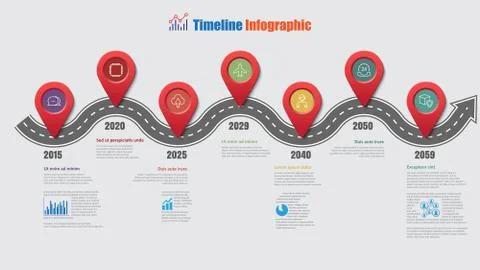 Road map timeline infographic with 7 steps pins, Vector Illustration Illustrazione stock