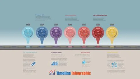 Road map timeline infographic with 7 steps pins, Vector Illustration Illustrazione stock