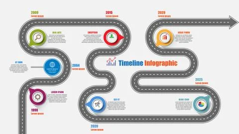 Road map timeline infographic with 7 steps pointer, Vector Illustration Stock Illustration