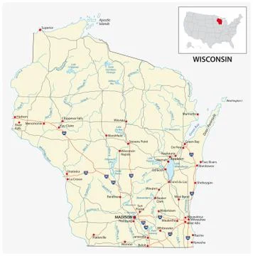 Road map of the US American State of Wisconsin Stock Illustration