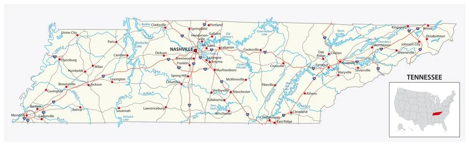 Road map of the US American State of Tennessee Stock Illustration