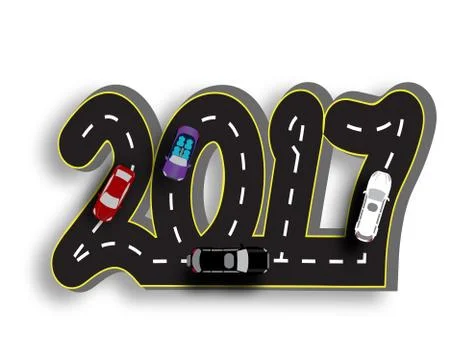 Road with a marking in the form of inscriptions 2017. 3D. Cars . illustration Stock Illustration