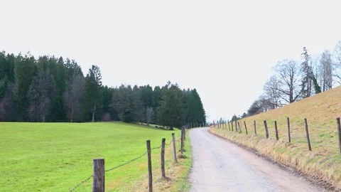 Road in the middle of fields leading to forest and hills, Bavarian mountains Stock Footage 265882062